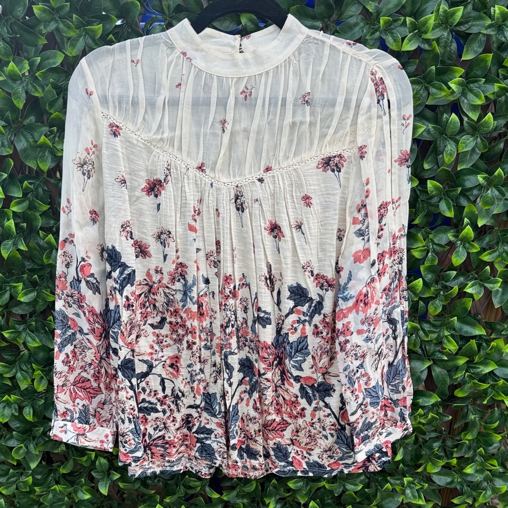Lucky Brand Cream Sheer Floral Pintuck Blouse with Pink & Blue Print
